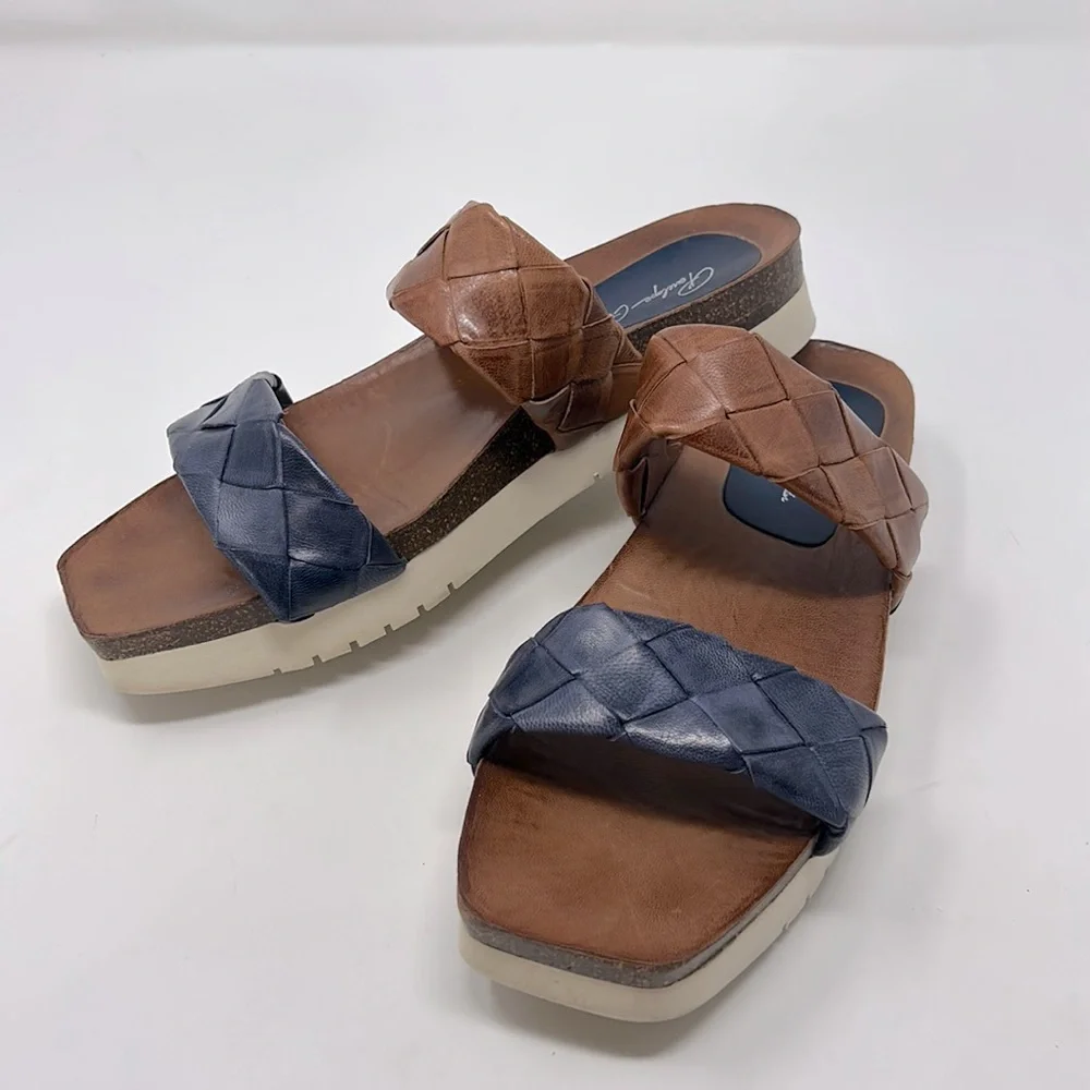 Penelope Collection Blue & Brown Slip-On Small Platform Sandals EU Size 39